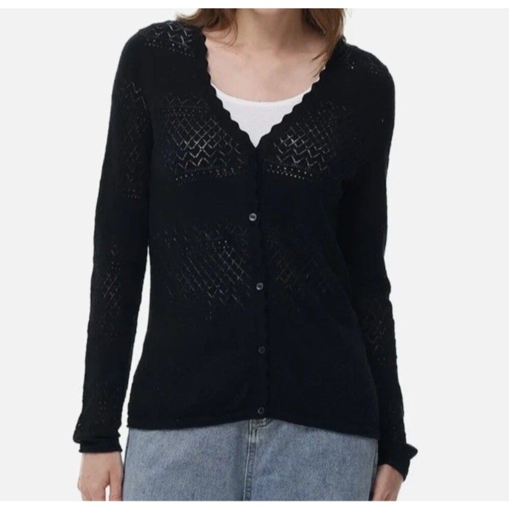 Frye Pointelle scalloped edge Knit Cardigan Womens large black fall layer office